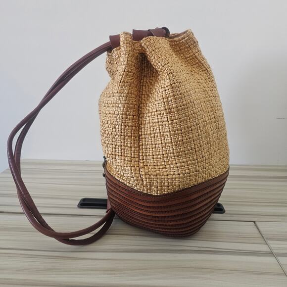 Saks Fifth Avenue Straw Leather Drawstring Bucket Bag - Picture 9 of 10